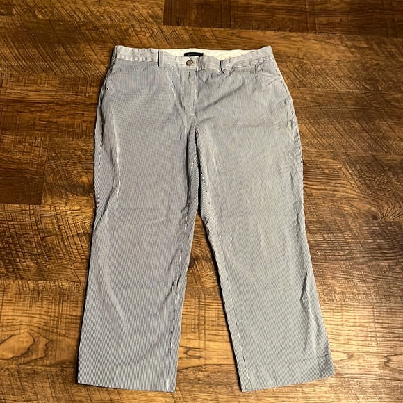 Land’s End Blue and White Vertical Striped Fit 2 Cropped Cotton Blend Pants - Picture 1 of 5